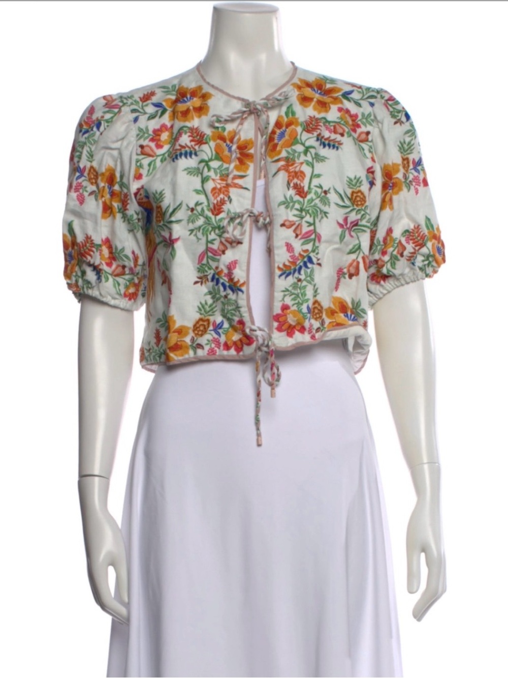 Nwt Farm Rio Linen Embroidered Cream Puff-Sleeve Crop Top with Multicolor Floral